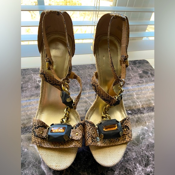 Vintage 90s Bakers Stiletto High Heel Platform Sandal Snake Print Size 8 1/2M - Picture 1 of 16